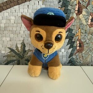 Plush Dog Toy with Blue and Brown Outfit